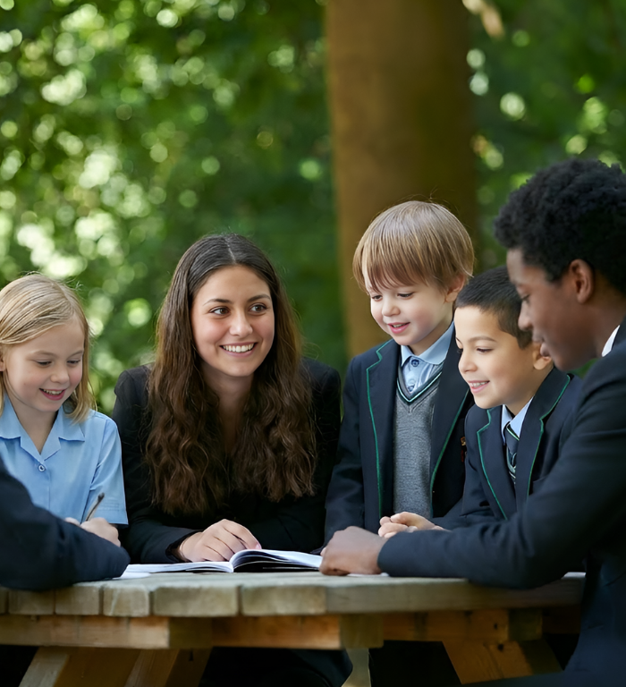 Teacher and four students in school uniforms sit at a wooden picnic table outdoors, smiling at an open book.