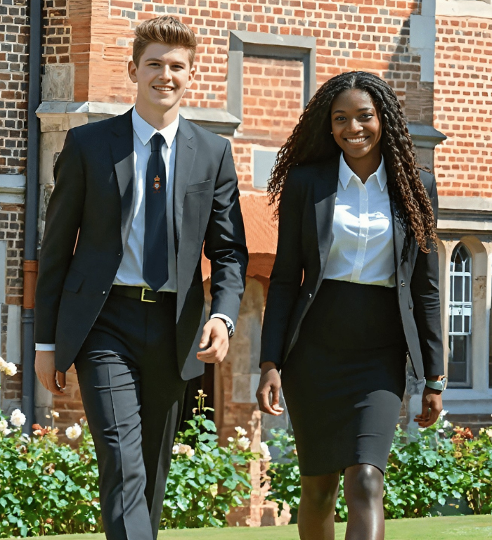 Two students in business attire walk together outside a brick campus building, smiling