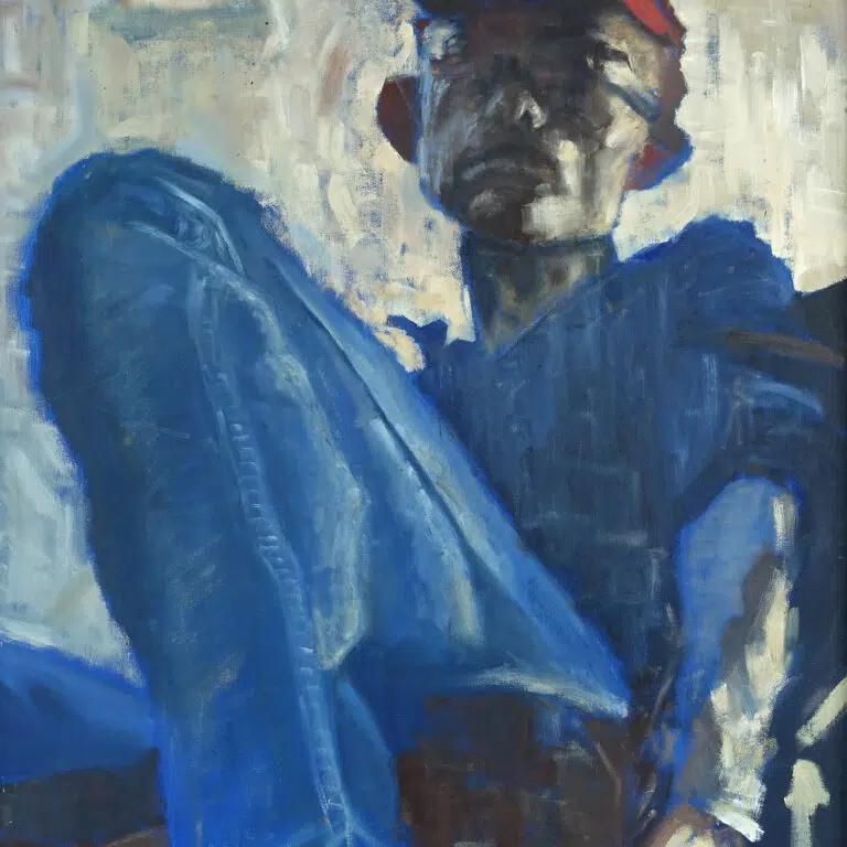 Abstract blue-toned portrait of a man wearing a dark cap and blue shirt.