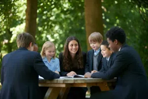 Group of students in school uniforms gathered around a wooden table outdoors, looking at a book and smiling.