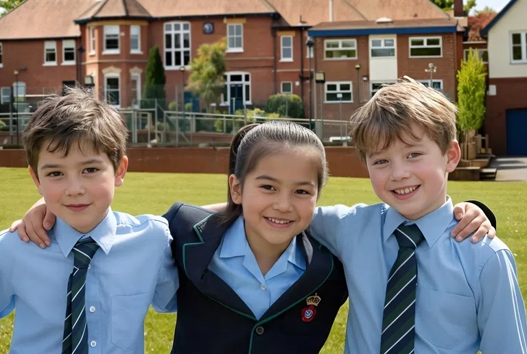 Three smiling students with arms around each other stand on a grassy school field, wearing blue uniforms and ties, with brick buildings behind them.