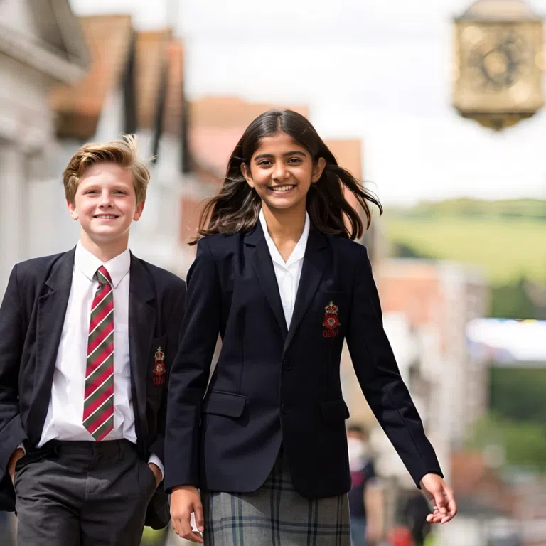 Two students in navy blazers walking down a sunny street, smiling in school uniforms.