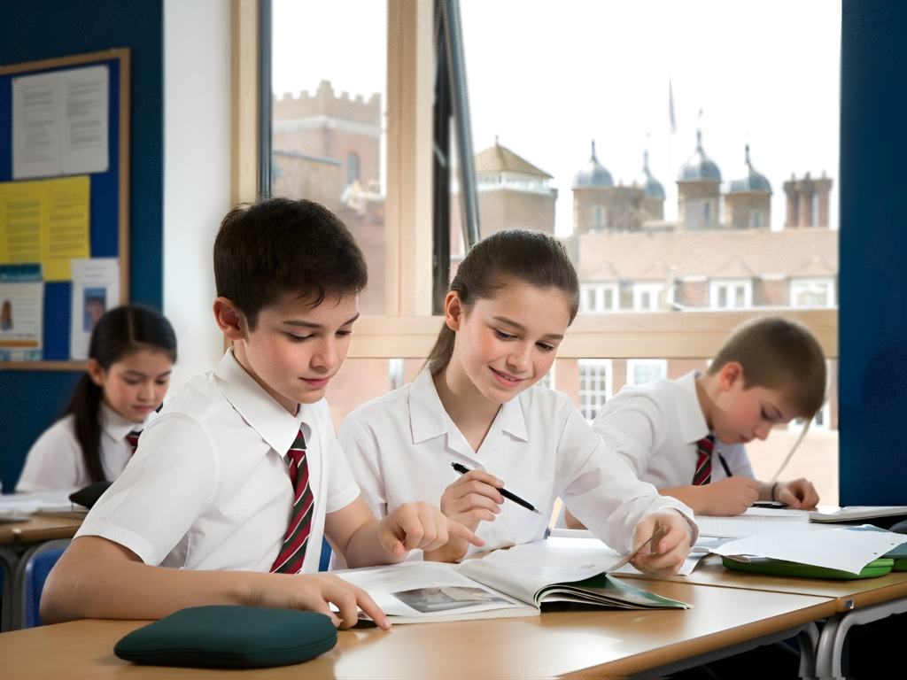 Students in white shirts and striped ties sit at desks, writing in notebooks in a bright classroom.