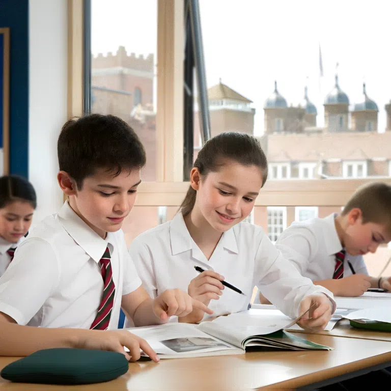Students in white shirts and striped ties sit at desks, writing in notebooks in a bright classroom.